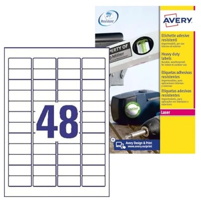 Image of White Polyester Labels Laser Avery 45.7 x 21.2mm 48 L4778 20 (20 Sheets)