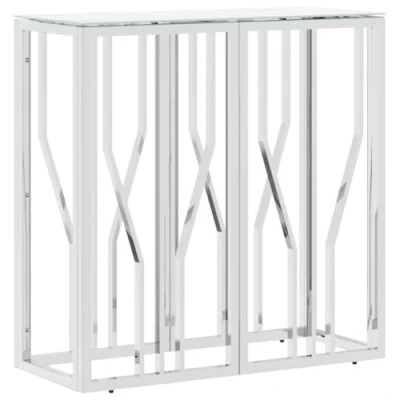 Image of vidaXL Modern Console Table Slim Silver Stainless Steel Frame with Marble Finish Tempered Glass Top Ideal for Entryway, Living Room, Bedside, Office 70 x 30 cm