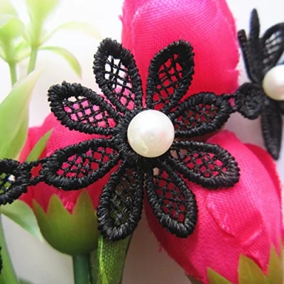 Image of Qiuda 2 Yard Daisy Flower Pearl Lace Trim Ribbon 3.8 cm Width Vintage Style Black Edging Trimmings Fabric Embroidered Applique Sewing Craft Wedding Bridal Dress DIY Party Clothes Embroidery
