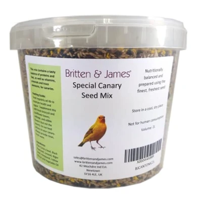Image of Britten &amp; James Special Canary Seed Mix Containing Egg Based Biscuits in a 2 Litre Stay Fresh Resealable Tub