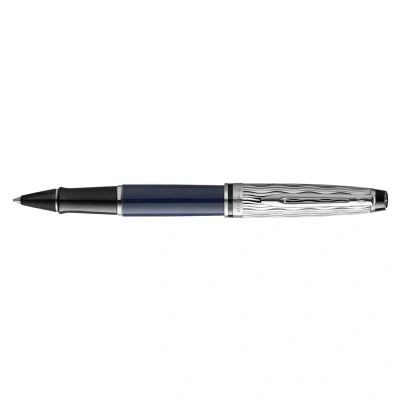 Image of Waterman Expert Rollerball Pen Metal &amp; Blue Lacquer Chiselled Cap Black Ink Gift Box