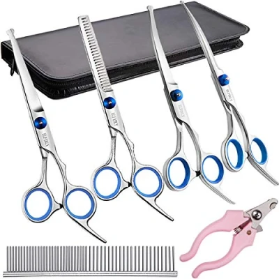 Image of Elfirly Professional Dog Grooming Scissors Kit Stainless Steel Round Tip Cutting Curved Thinning Shears Comb Pet Hair Trimming with Extra Nail Clippers for Dogs and Cats