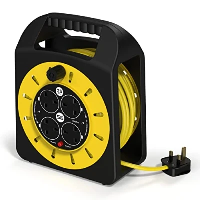 Image of SLx Outdoor Extension Lead, 25m, 4 Socket Reel, Heavy Duty Cable, Thermal Cut Out, Lead for Garden Lawn Mower Office, 13A Fused UK Plug