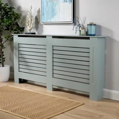 Image of Home Source Radiator Cover Wooden Wall Cabinet Shelf Slatted Grill, MDF, Grey, Large
