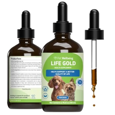 Image of Pet Wellbeing Life Gold for Dogs Immune Support, Antioxidants, Normal Detoxification, Cellular Health, Astragalus, Blessed Thistle, Sheep Sorrel Veterinarian Formulated Herbal 4 oz (118 ml)