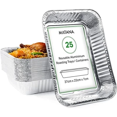 Image of MATANA 25 Reusable Large Silver Aluminium Foil Roasting Oven Trays (37x27cm/5000ml)