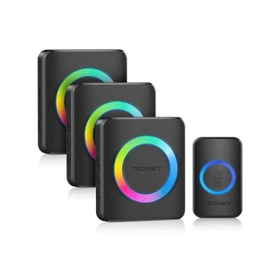 Image of TECKNET Wireless Doorbell 3 Receivers, Door Chime Kit with RGB Light, 400 M/1300 ft Range, IP65 Waterproof bell, 60 Chimes &amp; 5 Level Volume Plug in Receiver for Home, School,Office,Black