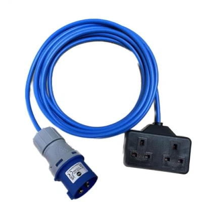 Image of K M Electronics 16A PLUG TO 13A 2 GANG SOCKET CAMPING TENT MAINS HOOK UP CABLE 1M 25M (15M)