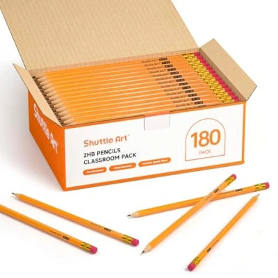 Image of Shuttle Art #2 HB Pencils with Rubbers, 180 Pack Bulk Pencils, Sharpened for Kids Teachers Writing Graphiting, School Wooden Yellow Set Children, Back to Supplies