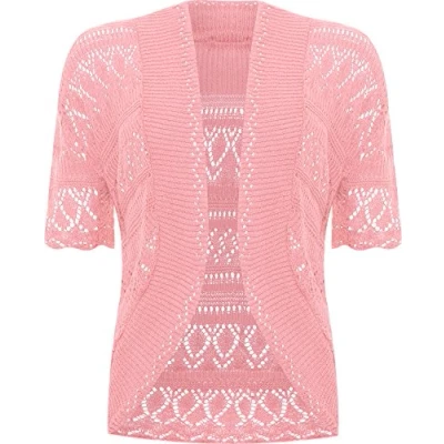 Image of WearAll Womens Plus Size Crochet Knitted Short Sleeve Ladies Open Cardigan Top Pink 18 20