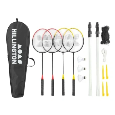 Image of Hillington Complete 4 Player Badminton Tournament Set Strung Racquets, All Weather Shuttlecocks in Carry Case (4 Player, With Net)