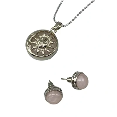 Image of Womens Pink Jewellery Gift Sets Moon &amp; Sun Necklace Earring Set Natural Crystal Gemstone Quartz Pendant for Ladies with Box