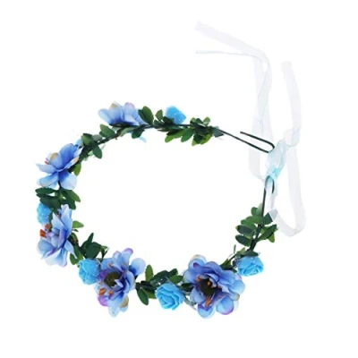 Image of Lurrose Bohemia Floral Wreath Bridal Headband Decorative Garland Simulation Flower Crown for Festival Wedding Blue