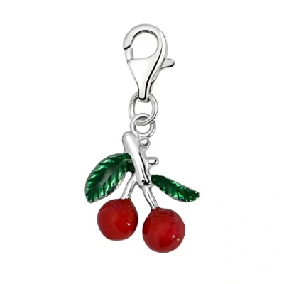 Image of Quiges Red and Green Enamel 3D Cherry Clip On Charm Pendant Silver Plated Women&#039;s Jewellery