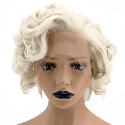 Image of Anogol Hair Cap+ 13 * 1 Middle Part Light Blonde Lace Front Wig Synthetic Short Curly 613 Bob Wigs Glueless Natural Hairline For Women