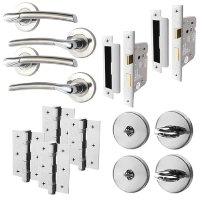 Image of EAI Internal Door Handle Bathroom Set Duo Finish 2X Pairs Satin Nickel and Polished Chrome Lever on Rose Round Lock (64mm), Hinges (76mm), Turn &amp; Release