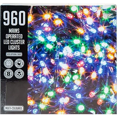 Image of VFM Coloured 980 LED 12.5M Cluster Christmas Lights Festive Bright String Xmas Tree Wedding Fairy Lighting Indoor &amp; Outdoor Mains Operated Multi Function