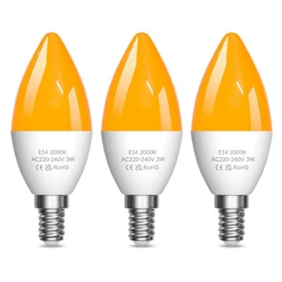 Image of Lamptobe Amber Light Bulbs 2000K, E14 C35 LED SES Candle Bulb 3W Yellow Soft Warm Sleep Blue Blocking for Bedroom,Healthy Sleep, Baby Nursery Light, Night 3 Pack