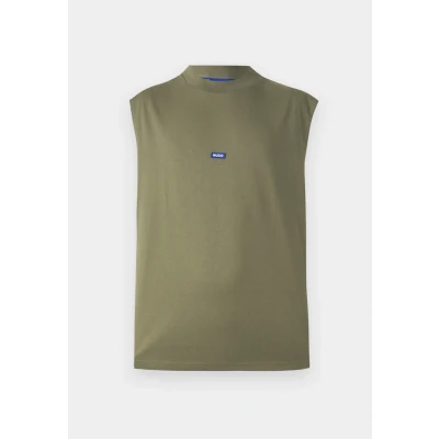 Image of HUGO Mens Navertz Sleeveless Cotton Jersey T Shirt with Blue Logo Label