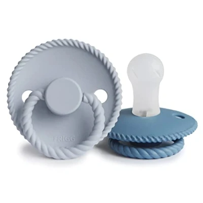 Image of FRIGG Rope Silicone Pacifier Pack of 2 Soother Dummy BPA Free Made in Denmark Symmetrical Cherry Shaped Nipple (Ocean View/Powder Blue (0 6 Months))