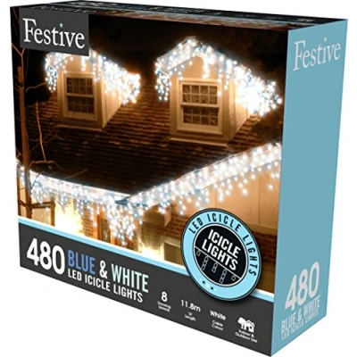 Image of Festive Productions Snowing Icicle Lights with Timer 480 LED Bulbs, Blue and White