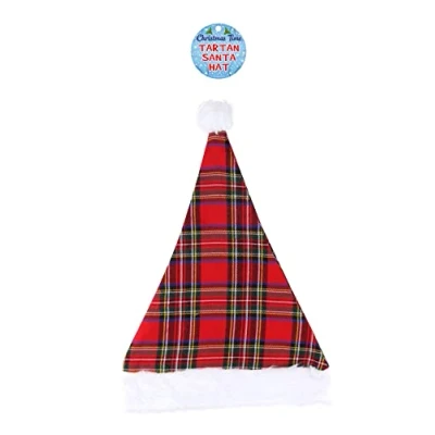 Image of Henbrandt Adult Tartan Christmas Hat with White Bobble One Size Santa Xmas Party Scottish Novelty Gift Fancy Dress Costume Accessory for Men and Women