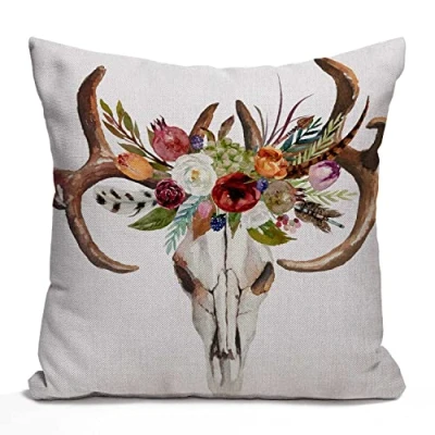 Image of Tomda Watercolor Floral Boho Deer Skull Burlap Cushion Cover Throw Pillow Case Couch Sofa Decorative Square 45x45cm 18x18 Inch