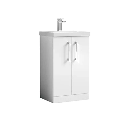 Image of nuie Modern Bathroom Floor Standing 2 Door Vanity Unit with Thin Edge Ceramic Basin, Gloss White, 500mm