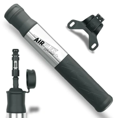 Image of SKS GERMANY AIRFLEX EXPLORER silver bicycle pump for mountain bike tyres, accessories (air with SV &amp; AV connection, soft component handle, max. pressure: 5 bar / 73 PSI),