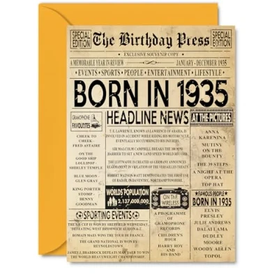 Image of 90th Birthday Card for Women Men Bday Press Newspaper 1935 Happy 90 Cards Auntie Nanny Nan Grandma Grandad Husband, A5 Greeting