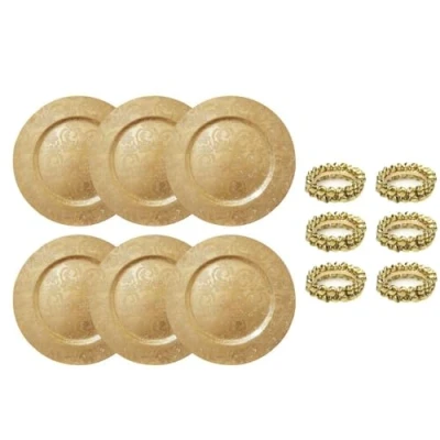 Image of YöL Christmas Dining Set 6 Gold Charger Plates, Jingle Bell Napkin Rings Xmas Dinner Festive