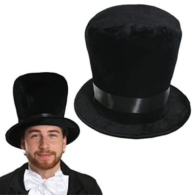 Image of Adults Victorian Top Hat Costume Accessory Pack of 1 Soft Black Plush 60cm with Satin Band Mens Womens Gentleman Historical Fancy Dress