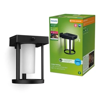 Image of PHILIPS Lighting Camill UltraEfficient Outdoor Solar Wall Light, Round, 1.4W, 3000K, Black, Frosted, Motion Sensor, IP44 Weatherproof