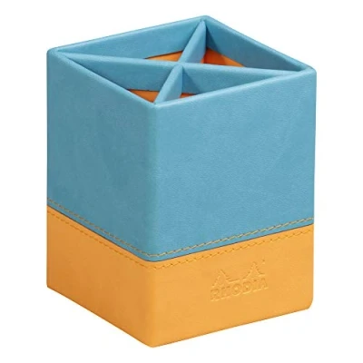 Image of RHODIA 318817C Turquoise Pencil Pot 8x8x11 cm Orange Sellier Stitching Faux Leather Exterior Rhodiarama Home Office Collection Organization &amp; Designer Storage