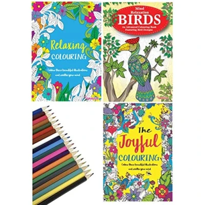 Image of Set of 3 Anti Stress A4 Adult Colouring Books Relaxing, Joyful &amp; Birds + 20 Colour Therapy Pencils