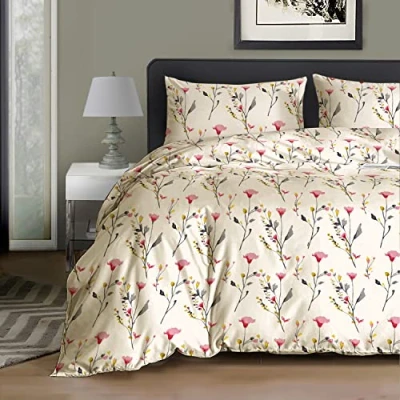 Image of RAYBedding 3PCS Double Duvet Set 100% Egyptian Cotton Bedding Bed 400 Thread Count Floral Printed Blossom Pink Cover with Pillow Cases 2 Pack