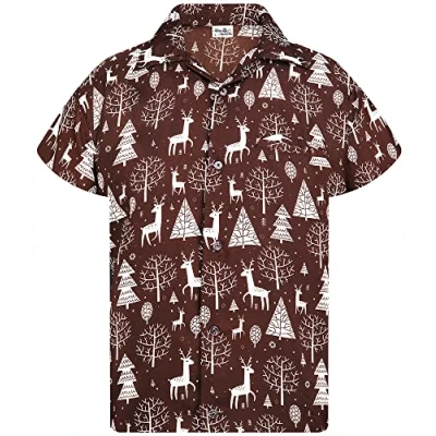 Image of King Kameha Men Christmas Santa Claus Office Party Short Sleeve Button Down Shirts, Reindeer Allover, Brown, XXL