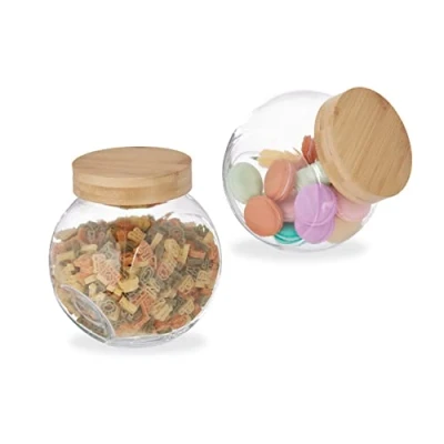 Image of Relaxdays 2X Candy Jars with Bamboo Lids, Storage for Sweets, Decorative Kitchen Accessories, 1.5 l, Transparent/Natural, 80% Glass 10% Plastic