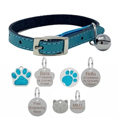 Image of Genuine Leather Cat Collar with Safety Elastic &amp; Bell Optional Personalised Engraved Tag (Blue, 22mm Face Tag)