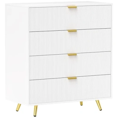 Image of HOMCOM Bedroom Chest of Drawers with 4 Drawers, Fluted Dresser Gold Tone Handles, Storage Cabinet for Bedroom, Living Room, Hallway, Entryway, White