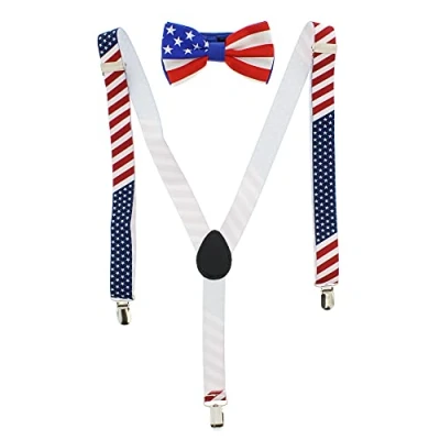 Image of Zac&#039;s Alter Ego Men&#039;s Matching USA Suspenders &amp; Pre Tied Bow Tie Combo Sets