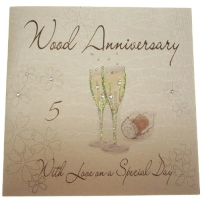 Image of white cotton cards Champagne Glasses Wood Handmade 5th Anniversary Card, White, WA5