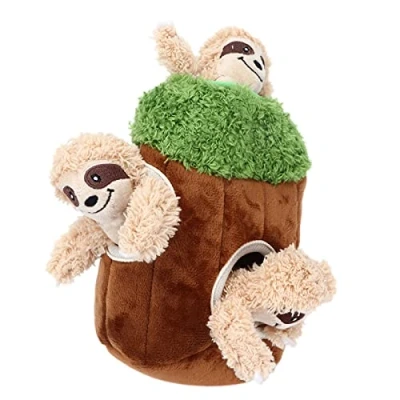 Image of Dog Squeaky Toys Hide and Seek Puzzle Plush Toy Sloth Trunk Holes Interactive for Large Medium Small Dogs