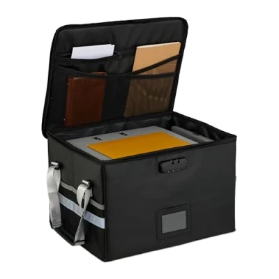 Image of document case, fireproof, waterproof, A4 size, bag with combination lock, carrying straps, black Relaxdays