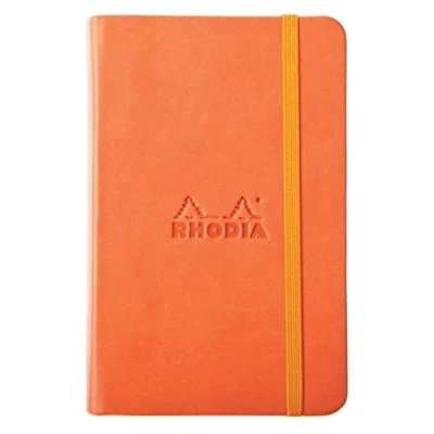 Image of RHODIA 118634C Tangerine Rigid Notebook A6 192 pages Plain Ivory Clairefontaine Paper 90 g/m Bookmark, Elastic Closure Faux Leather Cover Rhodiarama Collection