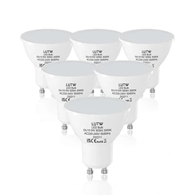 Image of LUTW GU10 LED Bulbs Warm White, 5w Equivalent to 40W Halogen Spotlight Bulb, Non dimmable Energy Saving Light AC220 240V 3000K 505Lm 120 Wide Beam Angle, Pack of 6