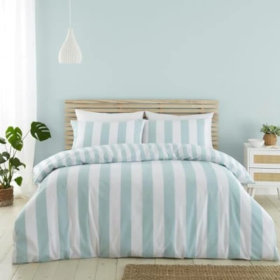 Image of Catherine Lansfield Cove Stripe Reversible Double Duvet Cover Set with Pillowcases Duck egg Blue