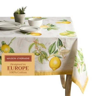 Image of Maison d&#039; Hermine Table Cloth 100% Cotton 140cm x 230cm Decorative Tablecover Washable Square Easter Tablecloths for Dining, Buffet Parties &amp; Wedding Use, Limoncello Spring/Summer