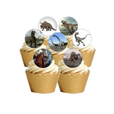 Image of 24 PRE Cut Dinosaur Edible Wafer Paper Round Cake Toppers Decorations