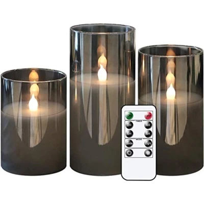 Image of Eldnacele Grey Glass Battery Operated Candles with Timer and 10 Key Remote, Flameless LED Real Wax Warm Light Flickering for Christmas Festive Home Decoration (Set of 3)